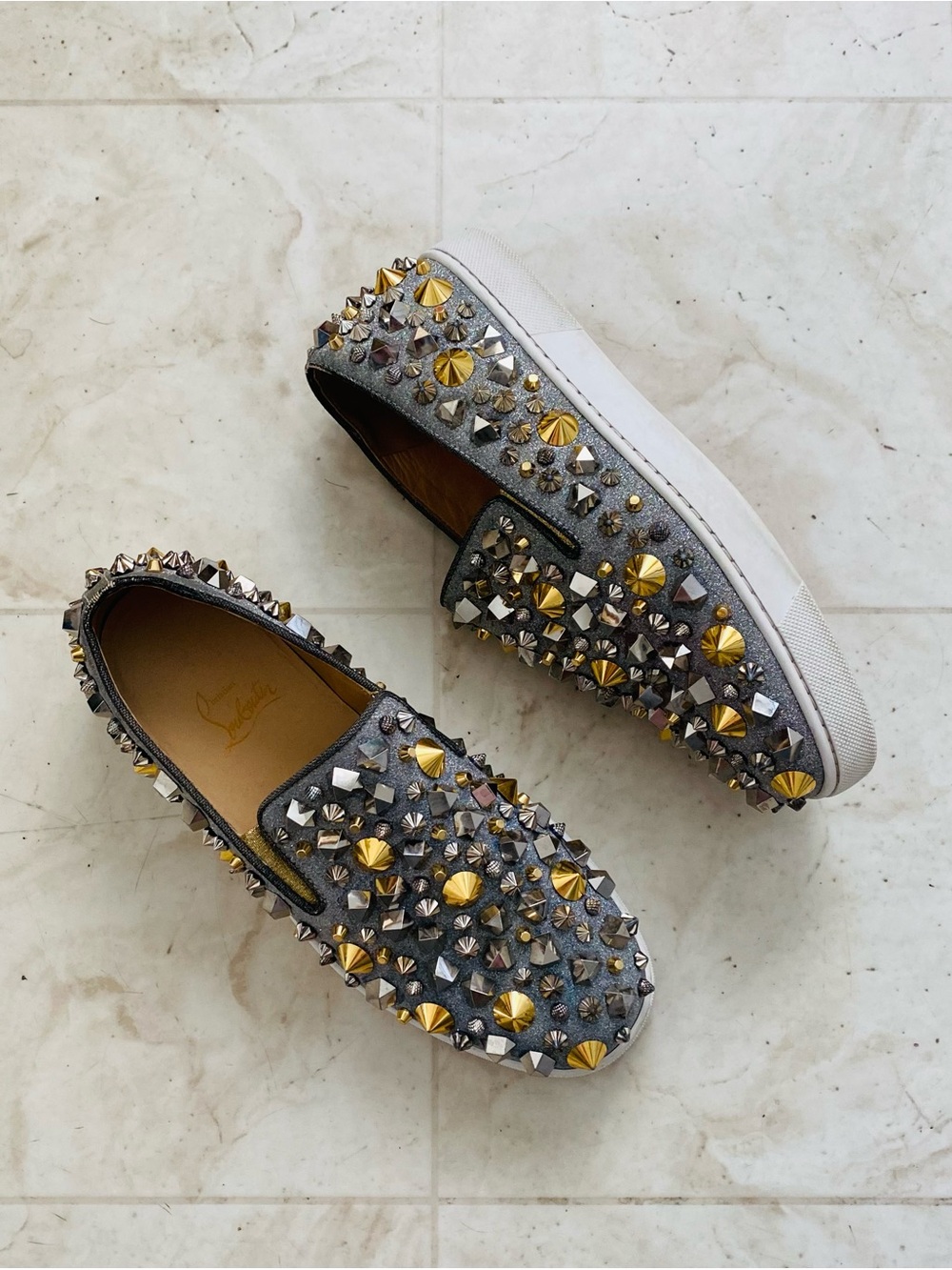 Christian Louboutin Roller Boat Pik Pik Gold Silver Spike Studs Sneakers Sz 8.5